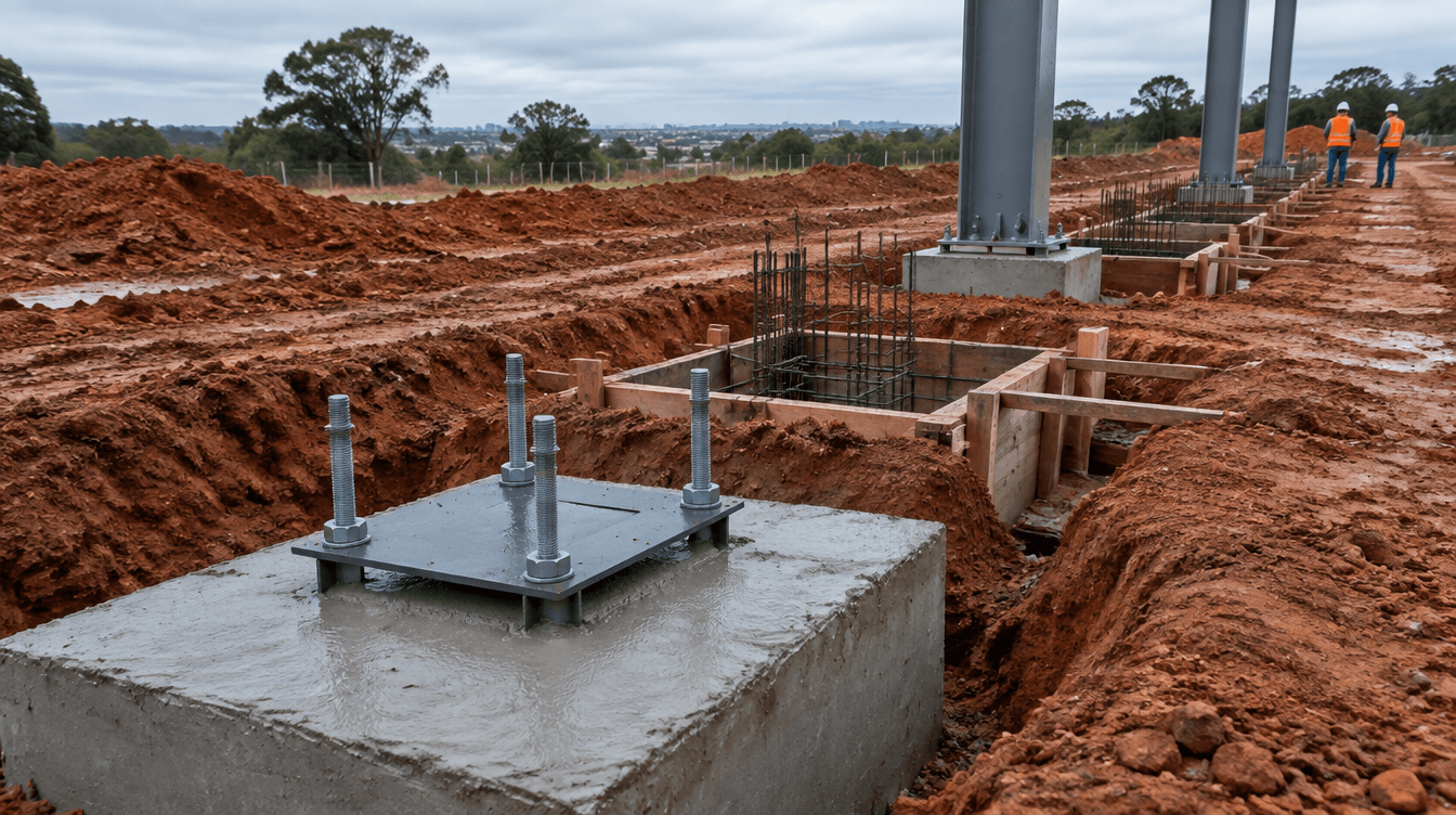 Fundação de barracão metálico com sapata de concreto e chumbadores posicionados por gabarito - Metal Apex