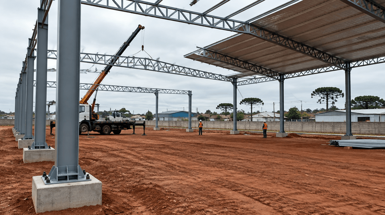 Barracão metálico em montagem com pilares metálicos em perfil I, tesouras treliçadas e telha trapezoidal na região de Curitiba - Metal Apex