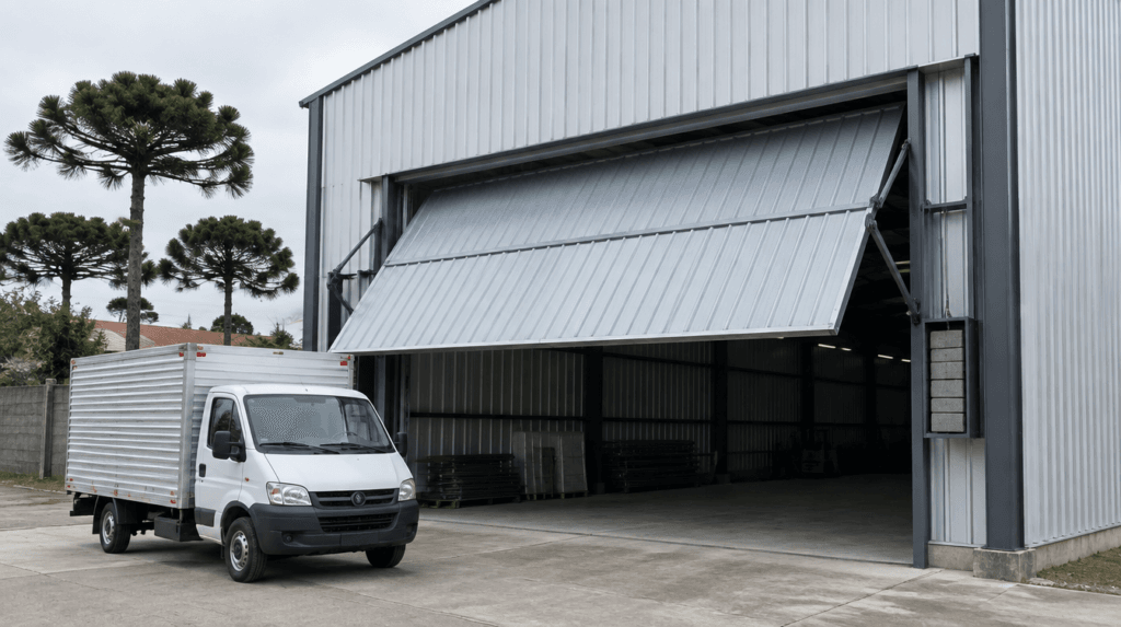 Portão basculante metálico em barracão com fechamento em telha trapezoidal galvanizada - Metal Apex