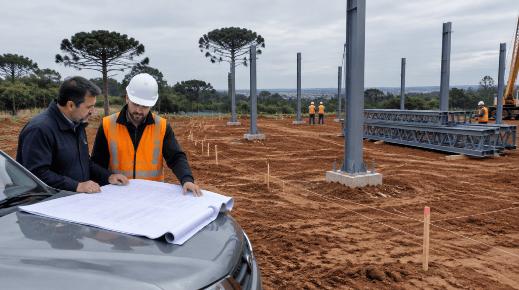 Empresário e engenheiro analisam projeto em terreno demarcado antes de pedir alvará de barracão metálico em Curitiba - Metal Apex