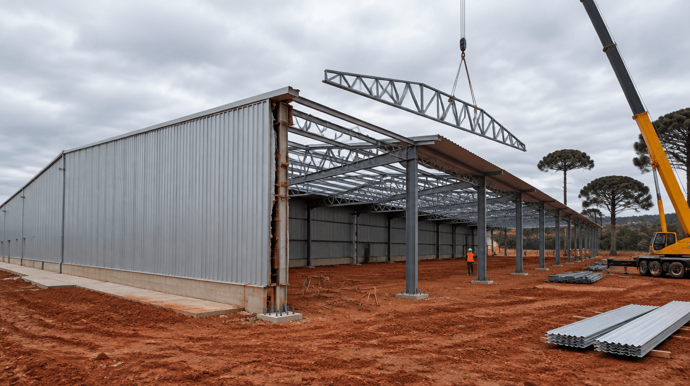 Ampliação longitudinal de barracão com novos pilares metálicos e tesouras de aço alinhados à cobertura existente - Metal Apex