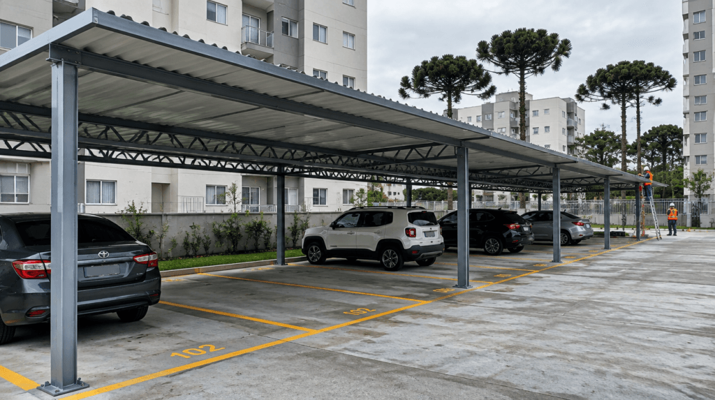 Cobertura metálica de garagem em condomínio residencial com vagas demarcadas e telha trapezoidal galvanizada - Metal Apex