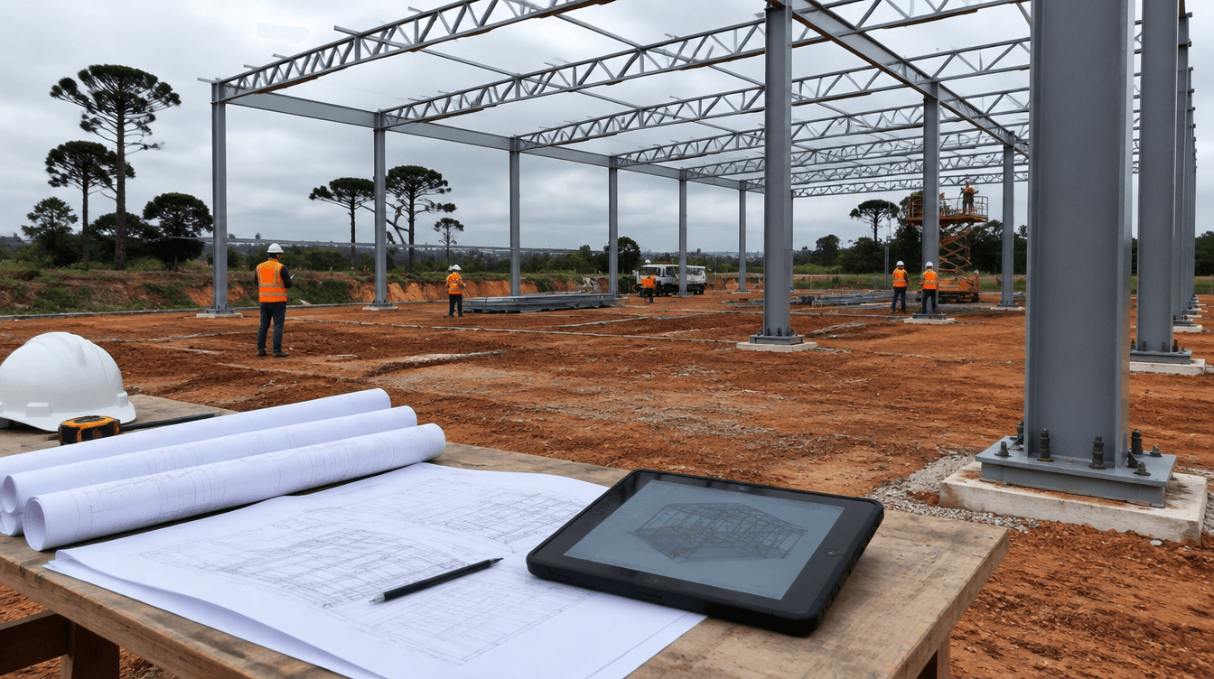 Estrutura metálica de barracão em montagem com pilares em perfil I, tesouras treliçadas e projeto técnico em obra na região de Curitiba - Metal Apex