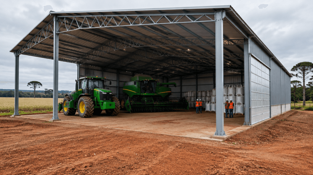 Barracão agrícola com estrutura metálica, pilares em perfil I e tesouras treliçadas, abrigando trator e colheitadeira no Paraná - Metal Apex