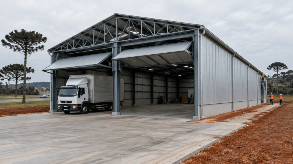 Barracão metálico logístico com pilares em perfil I, telha trapezoidal galvanizada e portões basculantes na região de Campo Largo e Fazenda Rio Grande - Metal Apex
