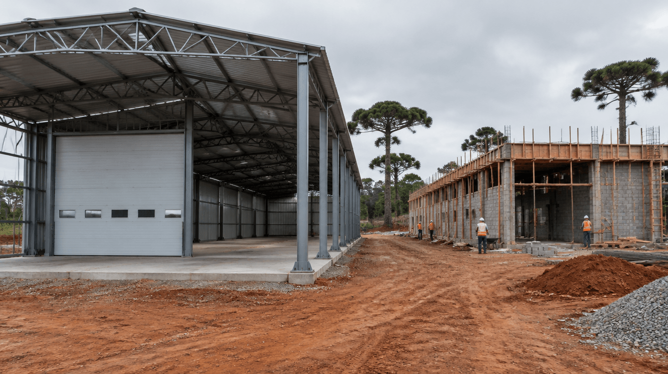 Barracão com estrutura metálica ao lado de barracão de alvenaria em obra na região de Curitiba - Metal Apex
