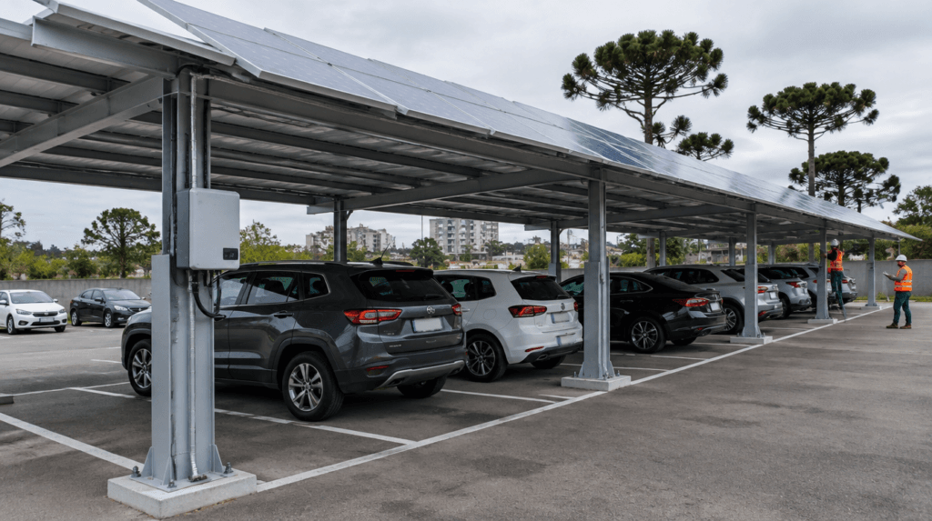 Carport solar: cobertura metálica de estacionamento com painéis fotovoltaicos sobre vagas demarcadas em Curitiba - Metal Apex