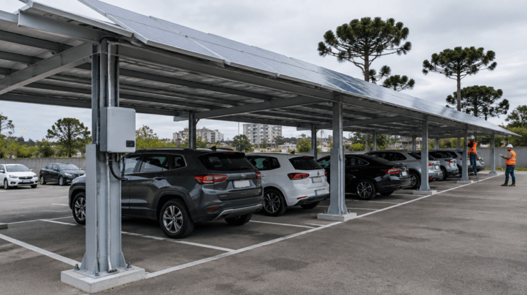 Carport solar: cobertura metálica de estacionamento com painéis fotovoltaicos sobre vagas demarcadas em Curitiba - Metal Apex