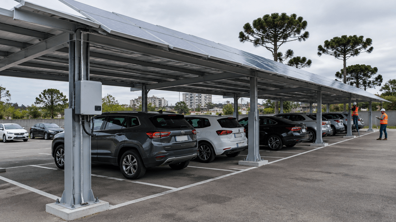 Carport solar: cobertura metálica de estacionamento com painéis fotovoltaicos sobre vagas demarcadas em Curitiba - Metal Apex