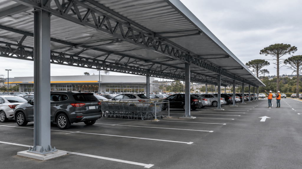 Cobertura metálica para estacionamento de supermercado com pilares de aço e telha galvanizada sobre vagas demarcadas - Metal Apex
