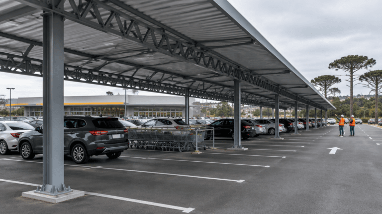 Cobertura metálica para estacionamento de supermercado com pilares de aço e telha galvanizada sobre vagas demarcadas - Metal Apex