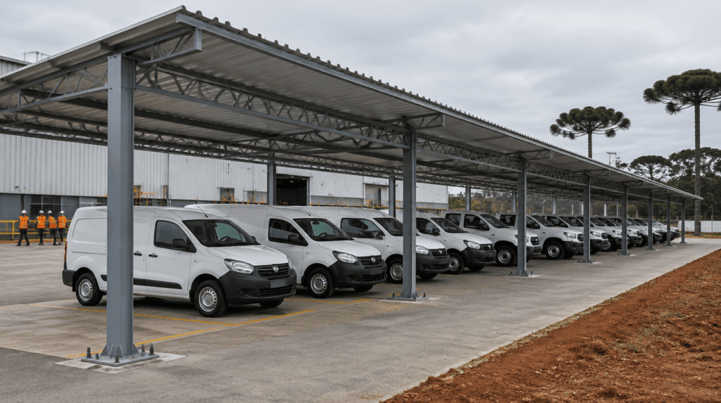Cobertura metálica de estacionamento para frota de veículos em empresa industrial - Metal Apex