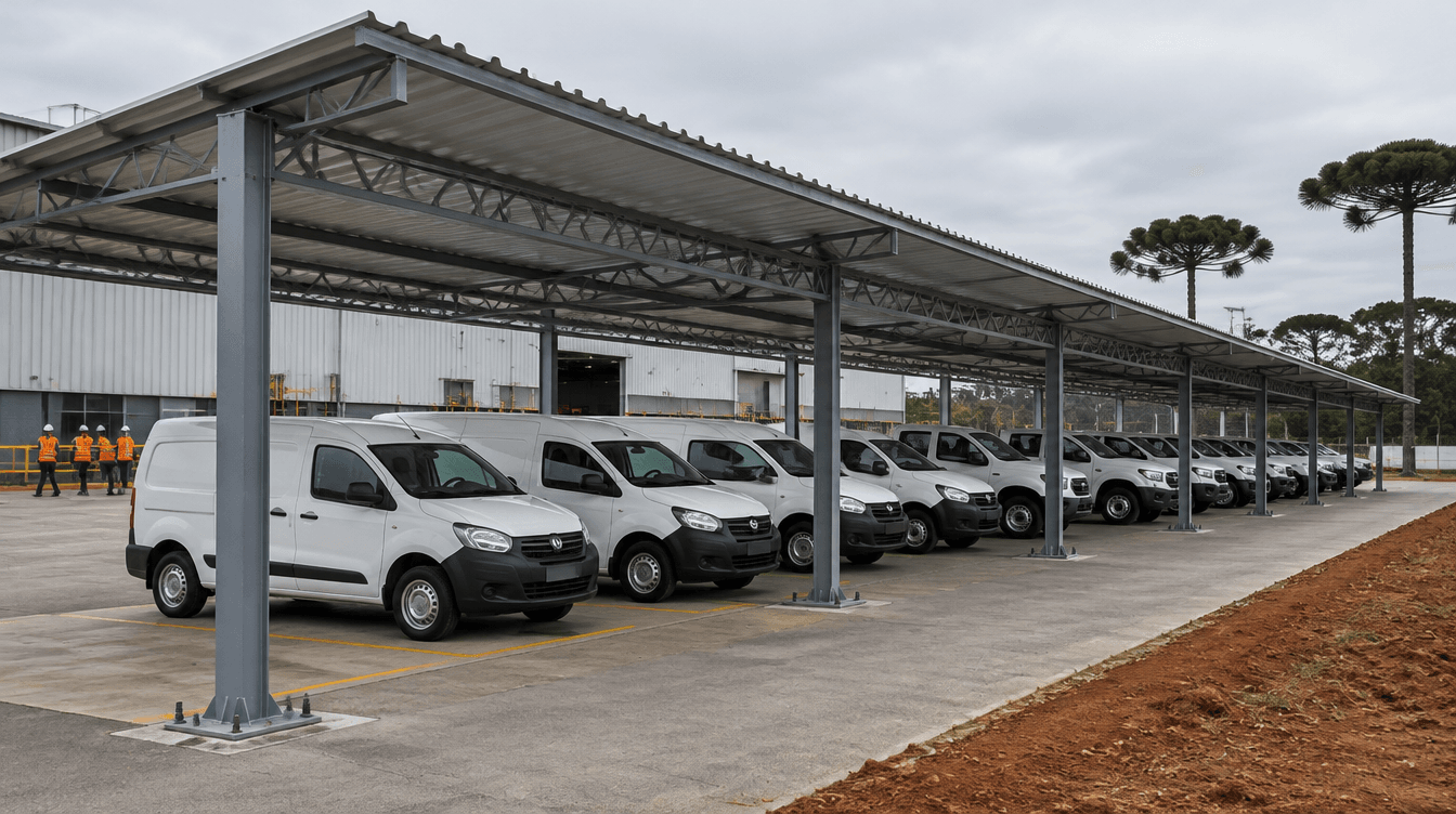Cobertura metálica de estacionamento para frota de veículos em empresa industrial - Metal Apex