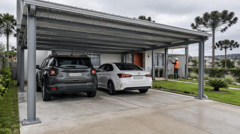Cobertura de garagem residencial em estrutura metálica com telha galvanizada protegendo dois carros em casa de Curitiba - Metal Apex