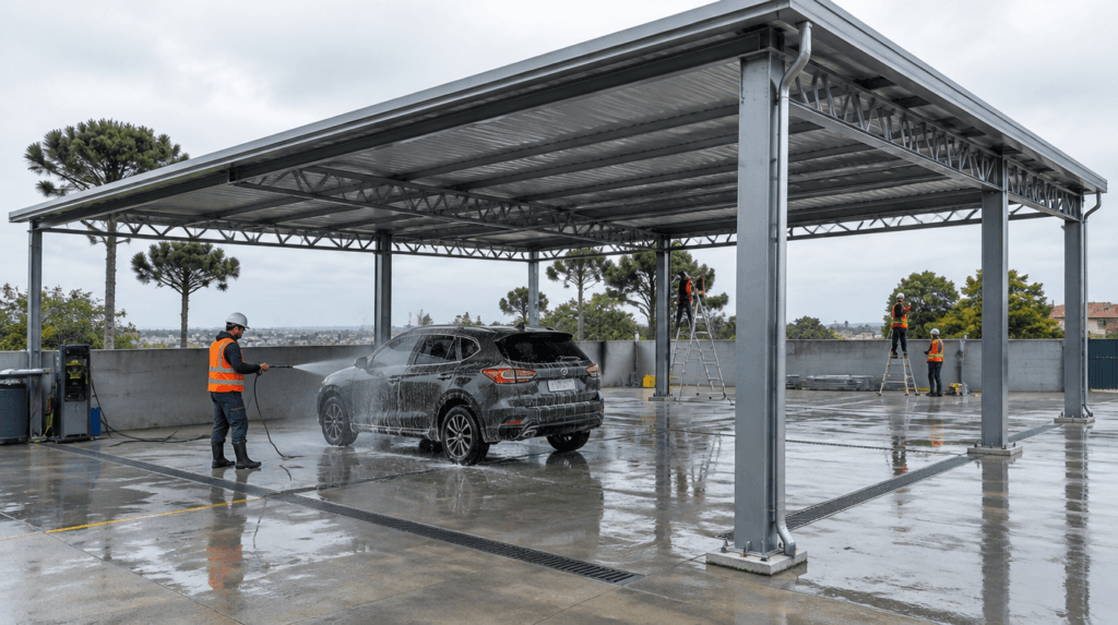 Cobertura metálica para lava-rápido com pilares metálicos, tesouras de aço e telha trapezoidal galvanizada - Metal Apex