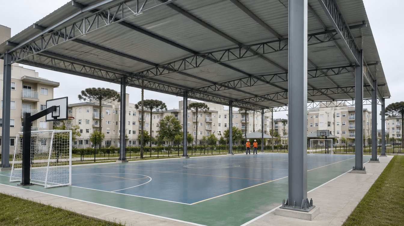 Cobertura metálica para quadra esportiva de condomínio com pilares metálicos, tesouras treliçadas e telha trapezoidal galvanizada - Metal Apex