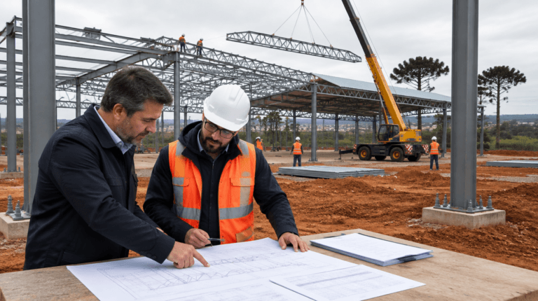 Empresário e engenheiro analisando projeto e orçamento de estrutura metálica ao lado de barracão em montagem com pilares metálicos e tesouras - Metal Apex