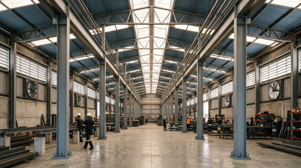 Interior de barracão metálico com telha sanduíche, lanternim e exaustores para conforto térmico - Metal Apex