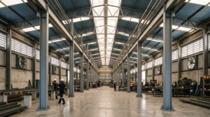Interior de barracão metálico com telha sanduíche, lanternim e exaustores para conforto térmico - Metal Apex