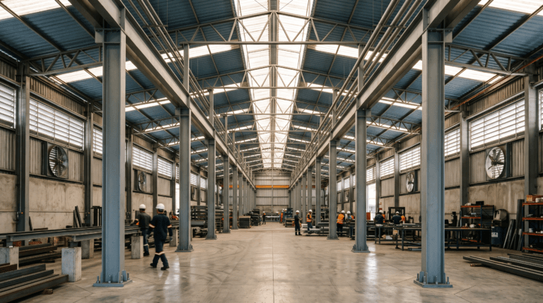 Interior de barracão metálico com telha sanduíche, lanternim e exaustores para conforto térmico - Metal Apex