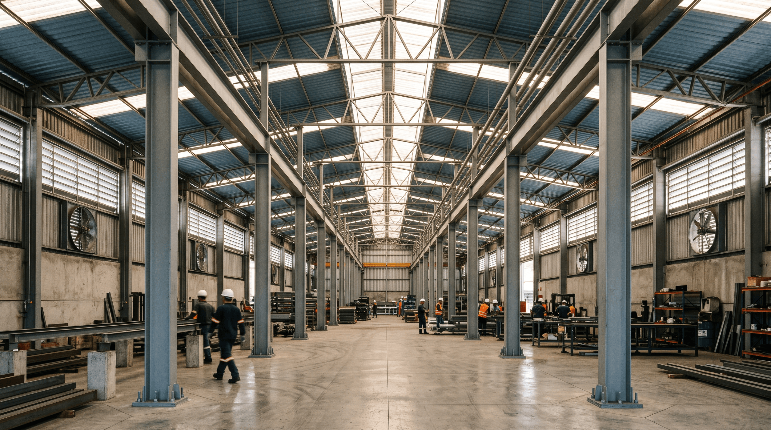 Interior de barracão metálico com telha sanduíche, lanternim e exaustores para conforto térmico - Metal Apex