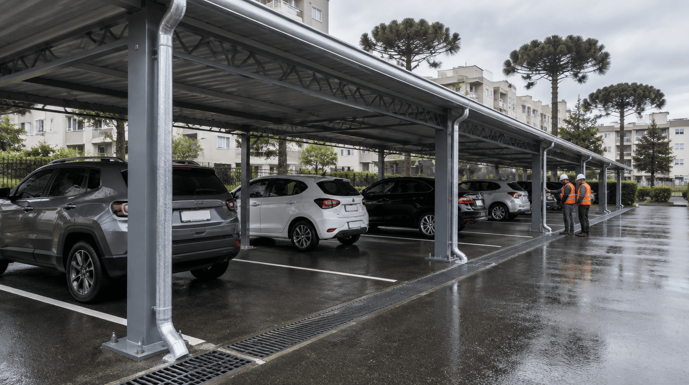 Cobertura de estacionamento de condomínio com calha, condutores nos pilares metálicos e grelhas de drenagem entre as vagas - Metal Apex