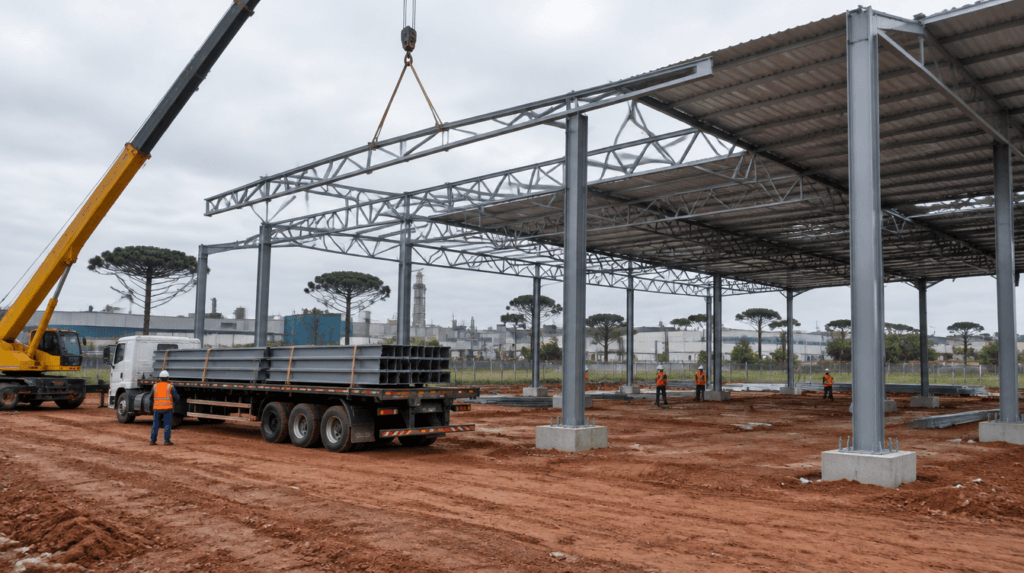 Barracão industrial com estrutura metálica, pilares em perfil I e tesouras treliçadas em montagem em Araucária, Paraná - Metal Apex