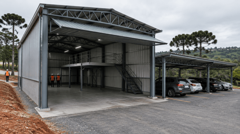 Barracão com estrutura metálica, portão basculante, mezanino interno e cobertura de estacionamento em Pinhais, Paraná - Metal Apex