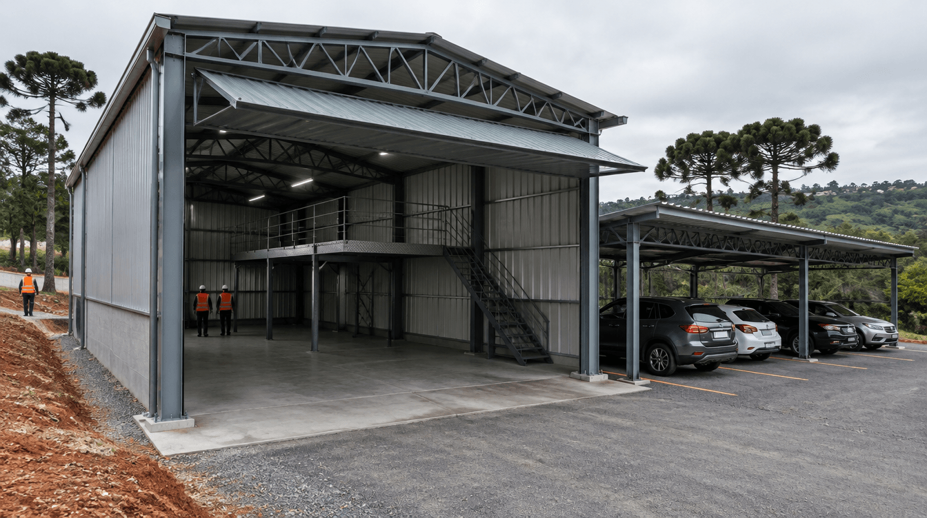 Barracão com estrutura metálica, portão basculante, mezanino interno e cobertura de estacionamento em Pinhais, Paraná - Metal Apex