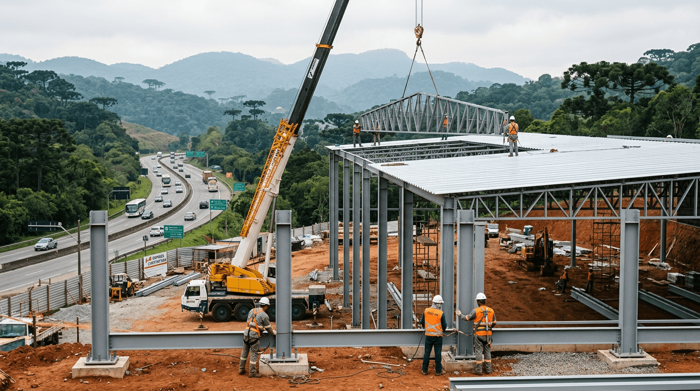 Montagem de estrutura metálica de barracão com pilares em perfil I e tesouras na região de Quatro Barras - Metal Apex