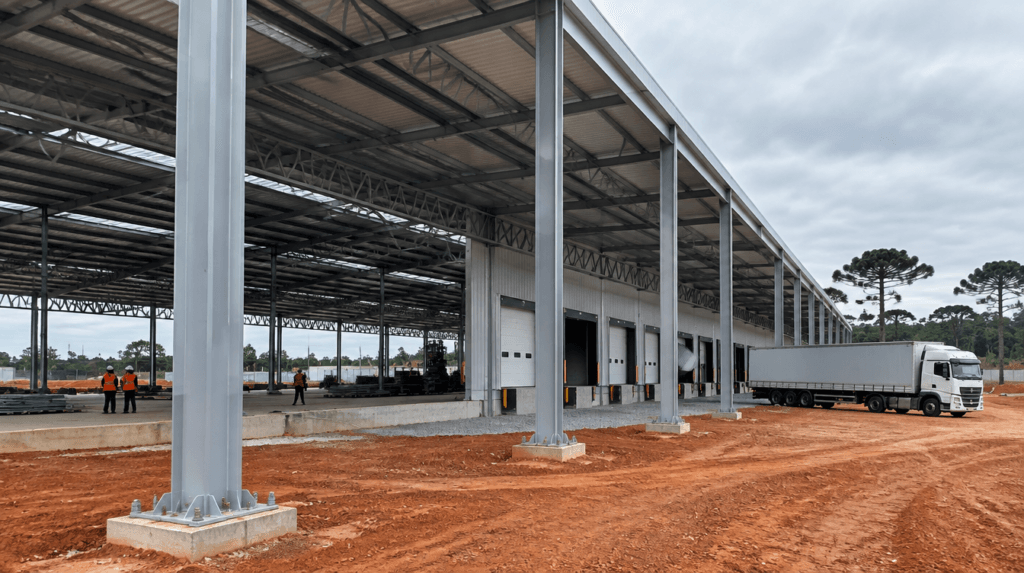 Galpão industrial com estrutura metálica, pilares em perfil I, tesouras treliçadas e docas em montagem em São José dos Pinhais, Paraná - Metal Apex