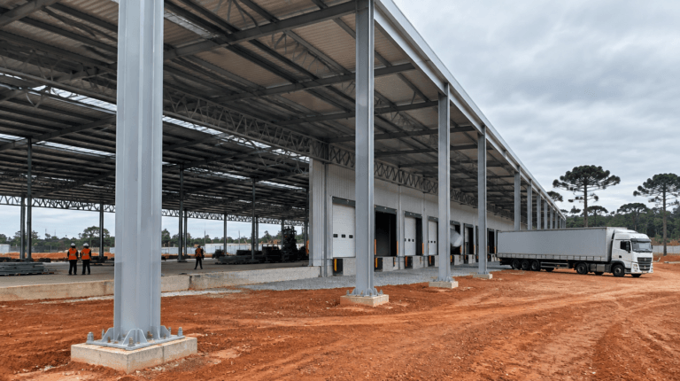 Galpão industrial com estrutura metálica, pilares em perfil I, tesouras treliçadas e docas em montagem em São José dos Pinhais, Paraná - Metal Apex