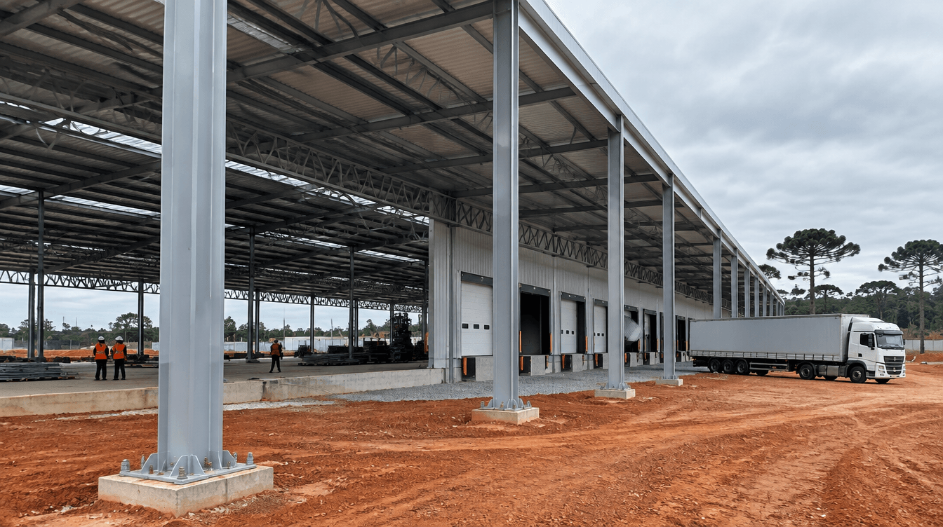 Galpão industrial com estrutura metálica, pilares em perfil I, tesouras treliçadas e docas em montagem em São José dos Pinhais, Paraná - Metal Apex
