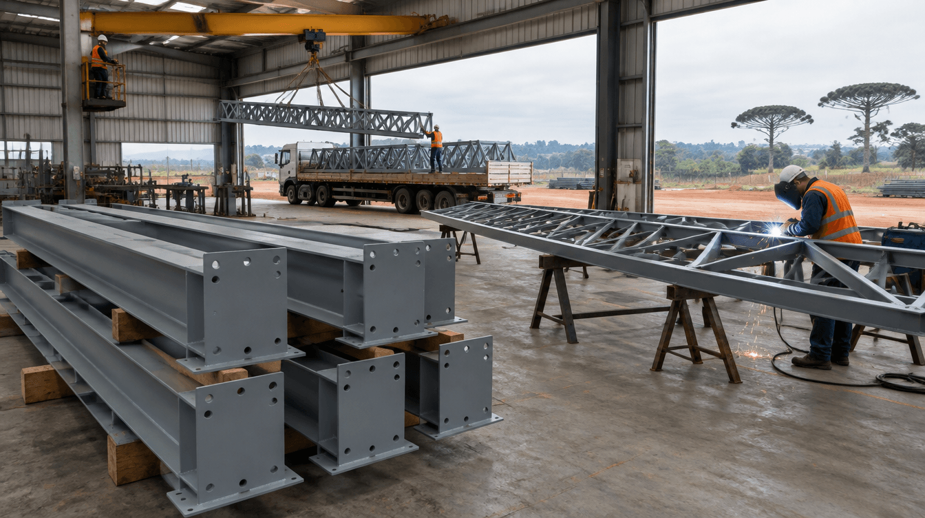Fábrica de estrutura metálica com pilares em perfil I com chapa de base, tesoura treliçada de aço e soldador trabalhando em Curitiba - Metal Apex