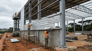 Fechamento lateral de barracão com telha metálica trapezoidal sobre longarinas e base em alvenaria - Metal Apex
