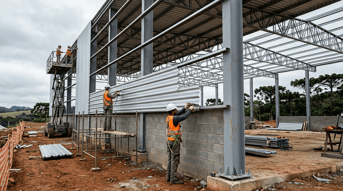 Fechamento lateral de barracão com telha metálica trapezoidal sobre longarinas e base em alvenaria - Metal Apex