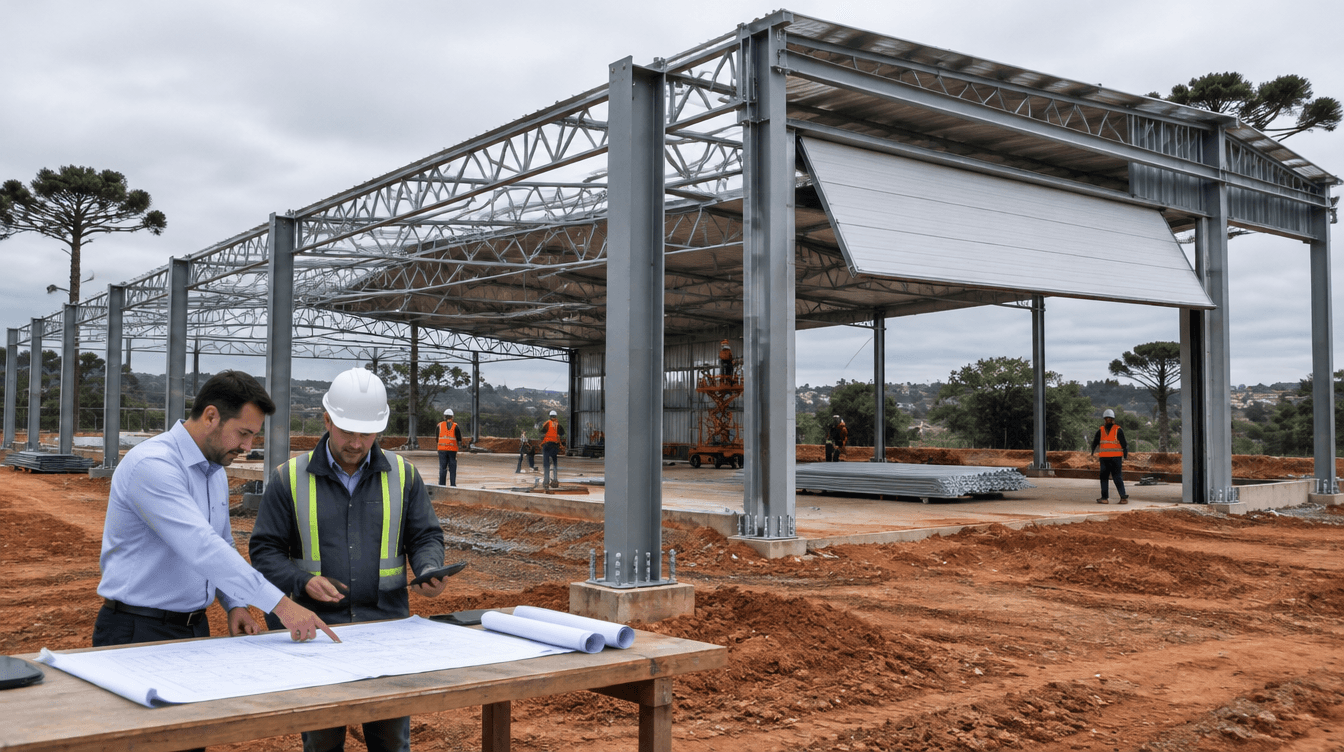 Empresário e engenheiro revisando projeto na obra de barracão com pilares metálicos e tesouras de aço em Curitiba - Metal Apex