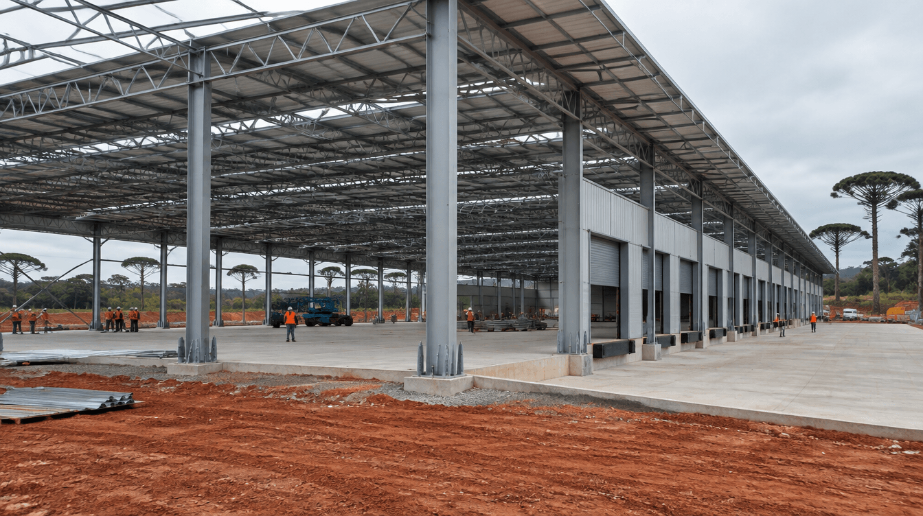 Galpão logístico metálico em construção com pilares metálicos, tesouras treliçadas e docas de carga na região de Curitiba - Metal Apex