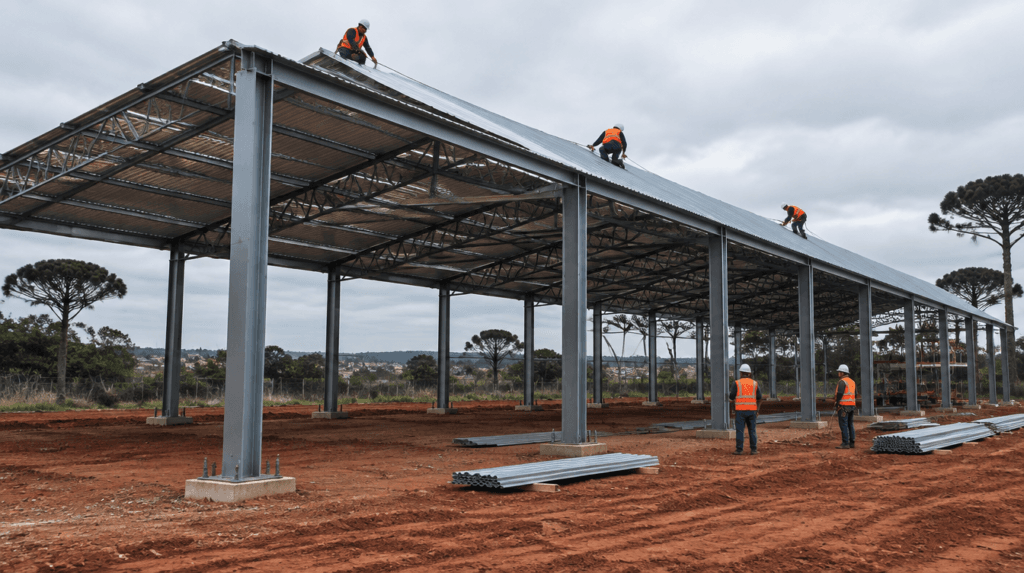 Montagem de telhado metálico inclinado com telha trapezoidal galvanizada sobre tesouras de aço em barracão na região de Curitiba - Metal Apex