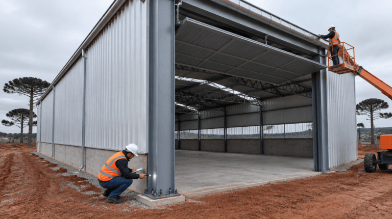 Técnico inspecionando base de pilar metálico e calha de barracão metálico na região de Curitiba - Metal Apex