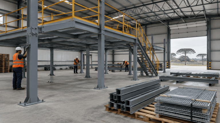 Montagem de mezanino desmontável em estrutura metálica parafusada dentro de barracão - Metal Apex