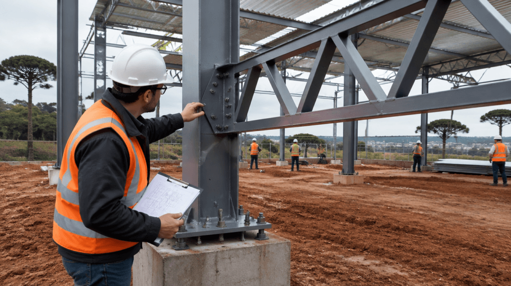 Engenheiro inspeciona ligação parafusada entre pilar metálico e tesoura treliçada de barracão conforme NBR 8800 - Metal Apex