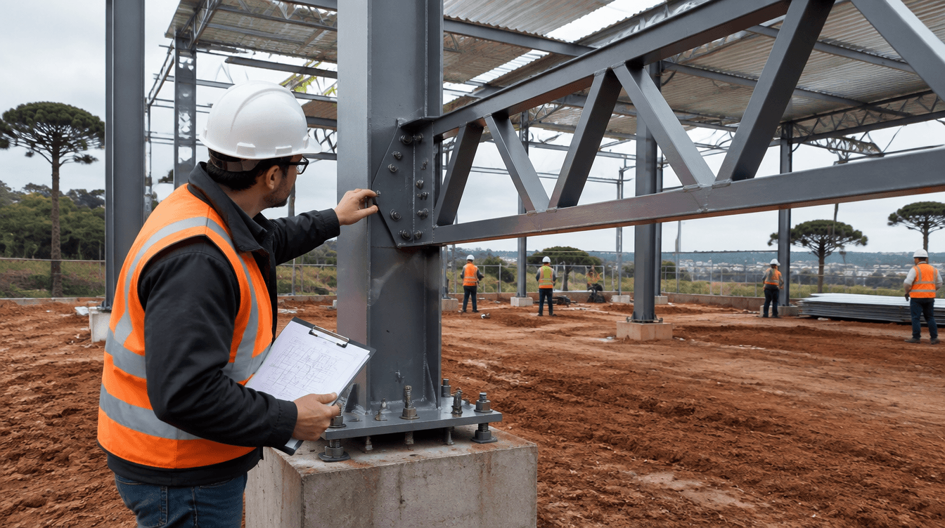 Engenheiro inspeciona ligação parafusada entre pilar metálico e tesoura treliçada de barracão conforme NBR 8800 - Metal Apex