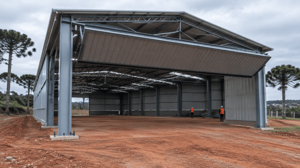 Barracão metálico concluído com pilares metálicos em perfil I, tesouras treliçadas, telha trapezoidal galvanizada e portão basculante em Curitiba - Metal Apex