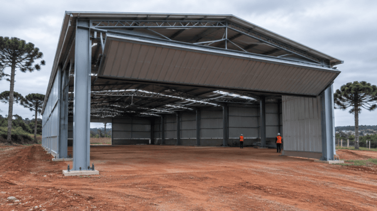 Barracão metálico concluído com pilares metálicos em perfil I, tesouras treliçadas, telha trapezoidal galvanizada e portão basculante em Curitiba - Metal Apex