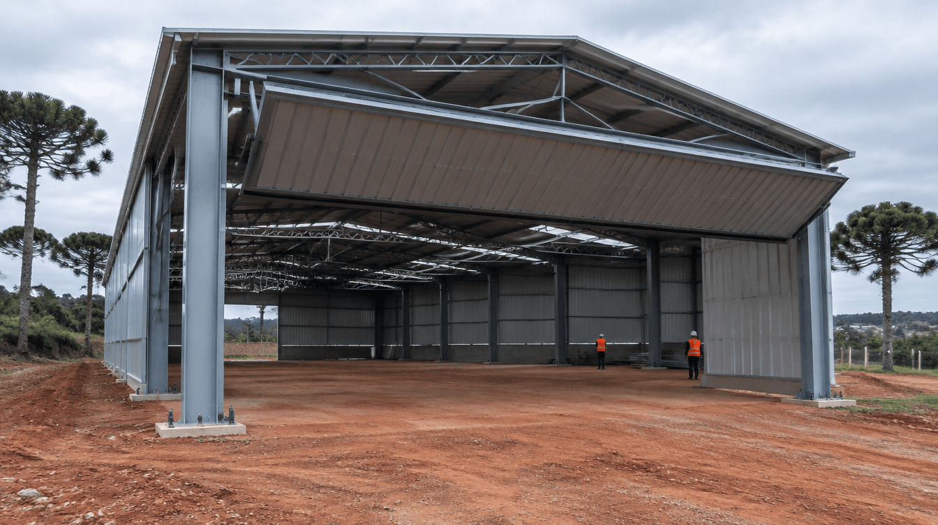 Barracão metálico concluído com pilares metálicos em perfil I, tesouras treliçadas, telha trapezoidal galvanizada e portão basculante em Curitiba - Metal Apex