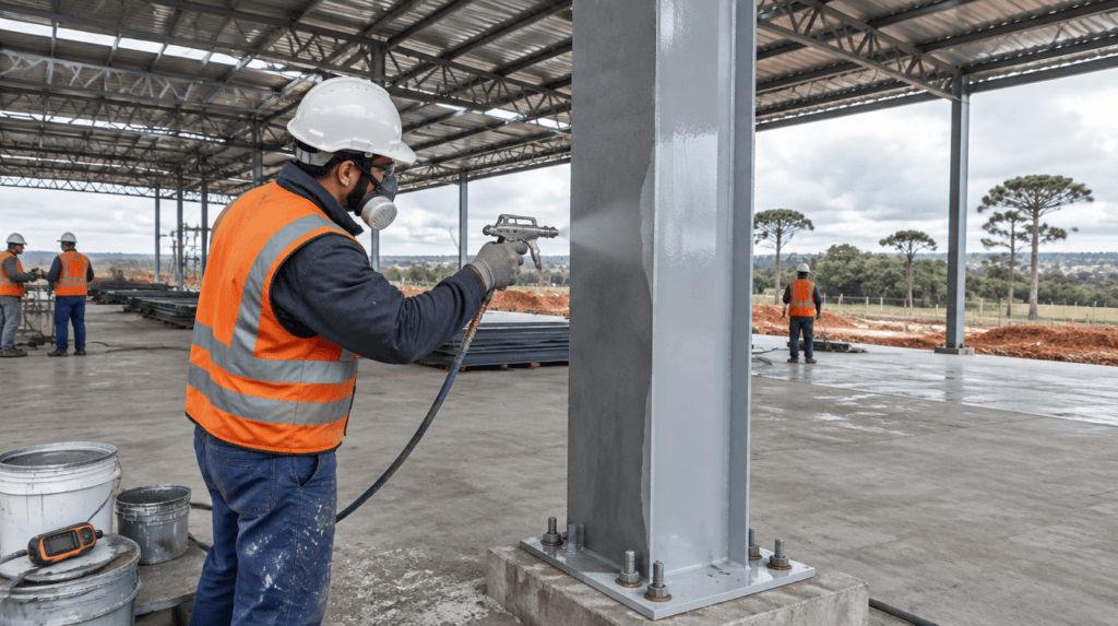 Pintor aplicando tinta com pistola airless em pilar metálico com primer cinza em barracão na região de Curitiba - Metal Apex