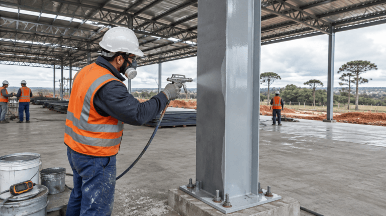 Pintor aplicando tinta com pistola airless em pilar metálico com primer cinza em barracão na região de Curitiba - Metal Apex