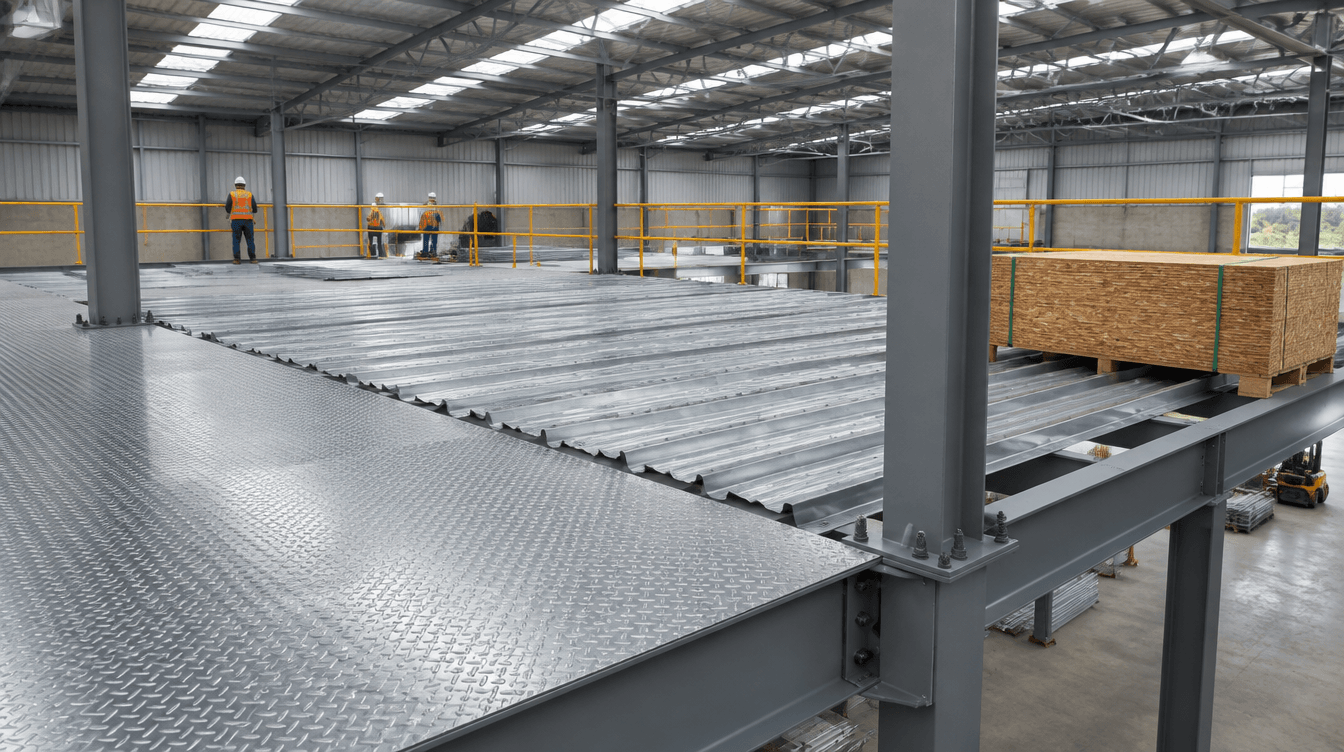 Mezanino metálico em barracão com piso de chapa xadrez, steel deck e painéis OSB - Metal Apex