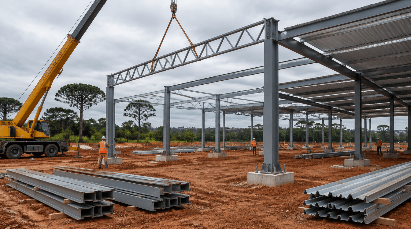 Montagem de tesoura metálica sobre pilares em obra de barracão na região de Curitiba - Metal Apex